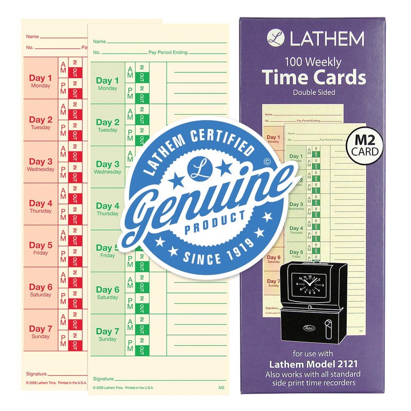 Lathem Weekly Time Cards  Double-Sided  for Lathem Model 2121/Side-Print Time Clocks  100 Pack (M2-100) - Image 1